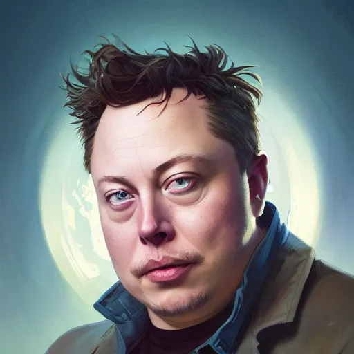 Image similar to Highly detailed portrait of fat Elon Musk, Stephen Bliss, unreal engine, fantasy art by Greg Rutkowski, Loish, Rhads, ferdinand knab, Makoto Shinkai and Lois van baarle, ilya kuvshinov, rossdraws, Tom Bagshaw, alphonse mucha, global illumination, radiant light, detailed and intricate environment