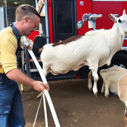 Image similar to a jew milking a goat in a fire truck