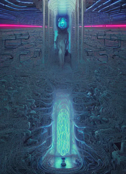 Image similar to A wall made out of eyes, flat, neon, RGB, glowing wires everywhere, pristine, by Edgar Maxence and Ross Tran, Zdzisław Beksiński, and Michael Whelan, gustav dore, H.R. Giger, 8k, octane render