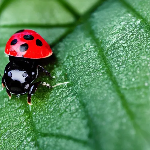 Image similar to professional photography of a Lady bug on a strawberry, bokeh, 8k