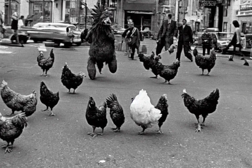 Image similar to still image taken from sci fi horror movie of chickens and monsters appear in the city. low camera angle. 1 9 6 0.