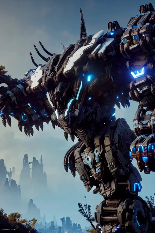 Image similar to a cinematic still from horizon zero dawn, dark grey decepticon mech, decepticon armor plating, octane render, nvidia raytracing demo, masterpiece, aged armor plating, aggressive head,