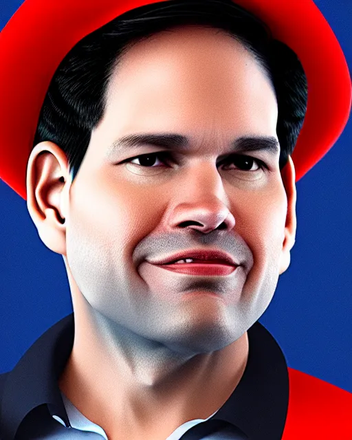 Image similar to a biomorphic portrait of marco rubio wearing a cnn hat, 4 k, octane high quality render