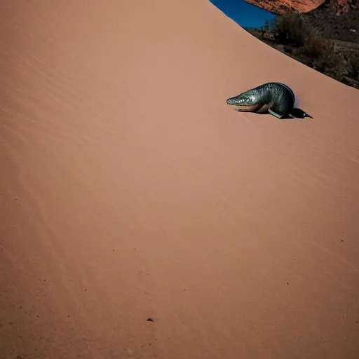 Prompt: 🐋 as 🐼 as 🦕 as 👽, desert photography