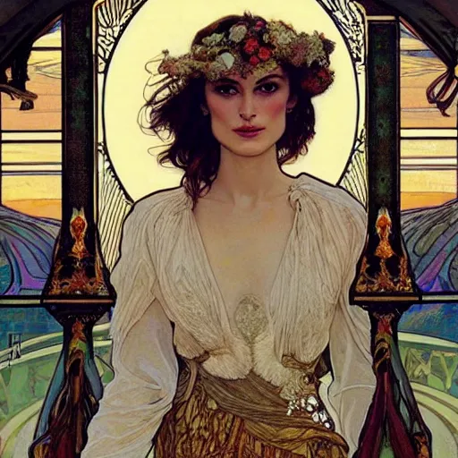 Image similar to keira knightley portrait by louis - theophile hingre and alphonse mucha, realistic, sharp focus, zodiac signs, tarot cards, planets, ethereal, art nouveau, magic, moon, sun, crown, dreamy, royal, jewellery