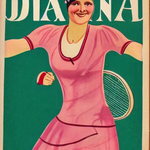 Prompt: a 1 9 2 8 cover of a danish magazine. happy, healthy, beautiful, smiling, young, sporty, glowing woman in decent athletic wear playing tennis. realistic detailed color drawing