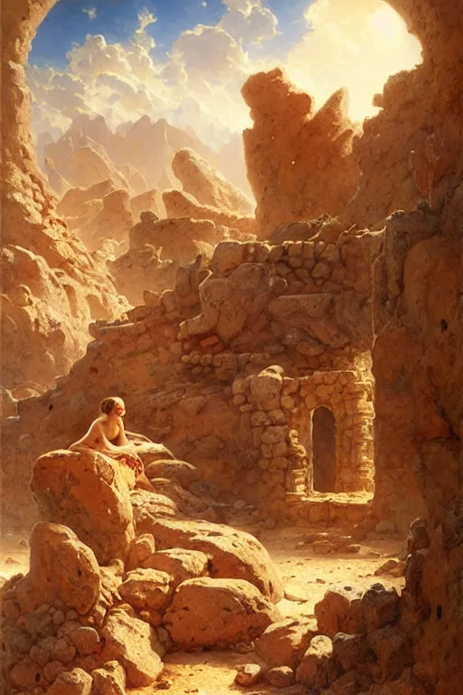 Image similar to a fantasy desert landscape, ruins, bones, rocks, arid ecosystem, digital illustration by gaston bussiere and leyendecker and artgerm, intricate details, surreal, photorealistic, award winning