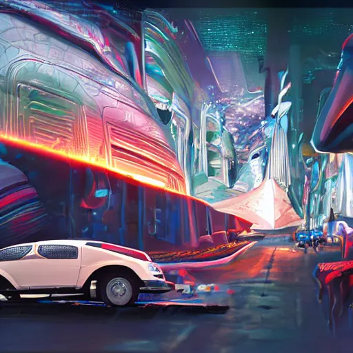 Image similar to sci-fi cars trucks motorcycles 50% of canvas in center and wall near structure on the coronation of napoleon painting and digital billboard in the middle and everything in style of zaha hadid and suprematism forms unreal engine 5 keyshot octane artstation trending bladerunner 2049 colors lighting ultra high detail ultra photo realistic 8k 16k in plastic dark tilt shift