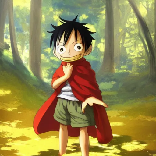 Image similar to concept art painting of an luffy chipmunk wearing a yellow cloak, holding a lantern, in the deep forest, realistic, detailed, cel shaded, in the style of makoto shinkai and greg rutkowski and james gurney