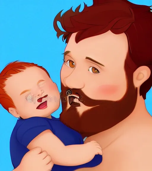 Prompt: a father with short red hair, a short red beard and blue eyes and a chubby face hold his infant son with short brown hair full color digital illustration in the style of don bluth, artgerm, artstation trending, 4 k