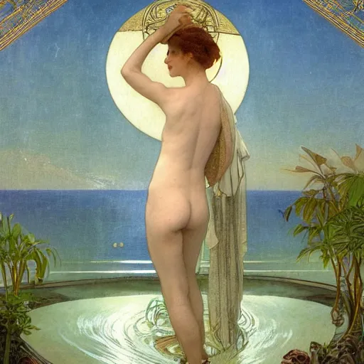 Prompt: Floating palace, moon reflecting on the water, thunderstorm, greek pool, beach and Tropical vegetation on the background major arcana sky, by paul delaroche, alphonse mucha and arnold böcklin, hyperrealistic 8k, award-winning, very very very detailed