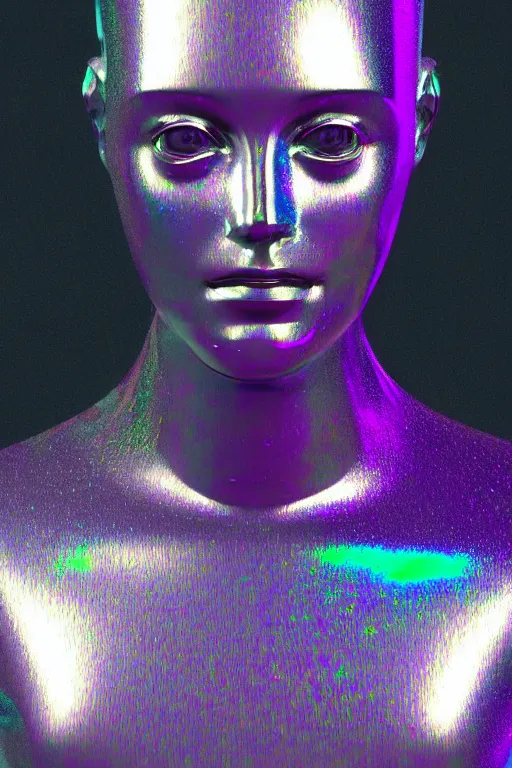 Image similar to 3d render of holographic human robotic bust made of glossy iridescent, bust, surrealistic 3d illustration of a human non-binary, non binary model, 3d model human, cryengine, made of holographic texture, holographic material, holographic rainbow, concept of cyborg and artificial intelligence