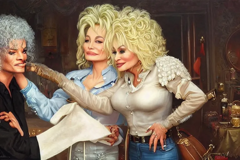 Image similar to portrait of dolly parton removing chewing gum from michael jacksons hair, an oil painting by ross tran and thomas kincade