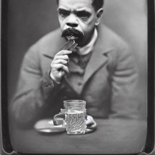 Image similar to tintype photo of ice - t, drinking iced tea with a straw, by julia margaret cameron 1 8 8 0 s, realistic, body shot, sharp focus, 8 k high definition, insanely detailed, intricate, elegant