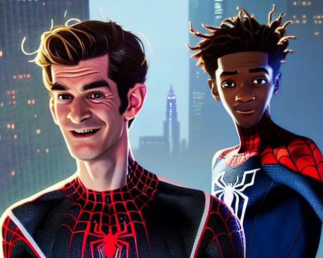 Image similar to highly detailed portrait of andrew garfield, in spider - man : into the spider - verse, stephen bliss, unreal engine, fantasy art by greg rutkowski, loish, rhads, ferdinand knab, makoto shinkai and lois van baarle, ilya kuvshinov, rossdraws, tom bagshaw, global illumination, radiant light, detailed and intricate environment