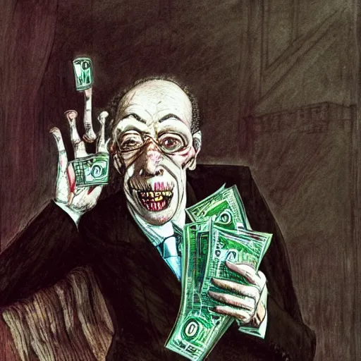 Image similar to Jacob Rothschild full body shot, dollar bills Body horror, biopunk, by Ralph Steadman, Francis Bacon, Hunter S Thompson