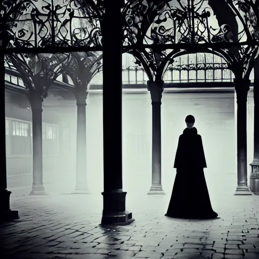 Prompt: ghost woman in elaborate gown in haunted train station, Victorian architecture, spooky, mist, depth of field”