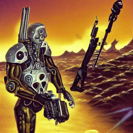 Image similar to cybernetic evil warzone bladed weapons razor projectiles humanoids goin stupid, desert scene