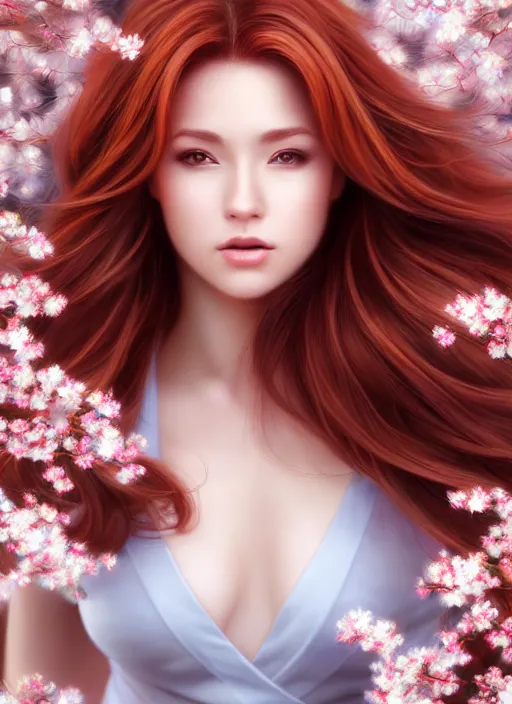 Image similar to photo of a gorgeous female with auburn hair in the style of stefan kostic, realistic, half body shot, sharp focus, 8 k high definition, insanely detailed, intricate, elegant, art by stanley lau and artgerm, extreme blur cherry blossoms background