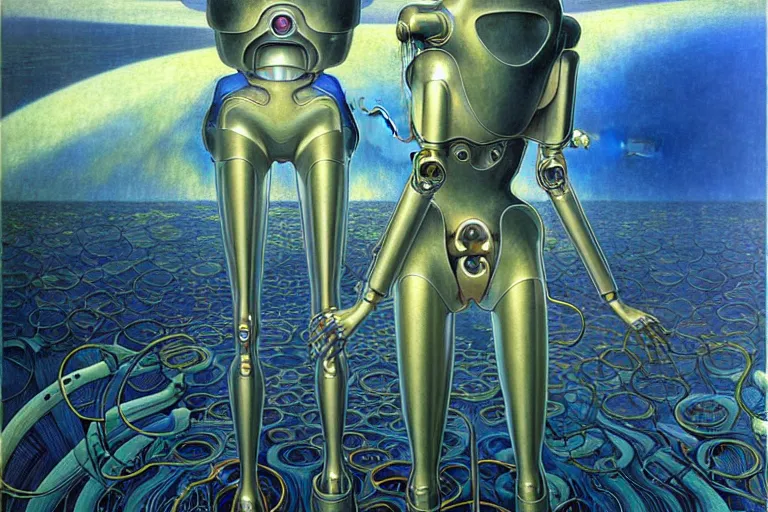 Image similar to realistic extremely detailed portrait painting of an anthropomorphic supercomputer robot, futuristic sci-fi landscape on background by Jean Delville, Amano, Yves Tanguy, Alphonse Mucha, Ernst Haeckel, Edward Robert Hughes, Roger Dean, rich moody colours, blue eyes