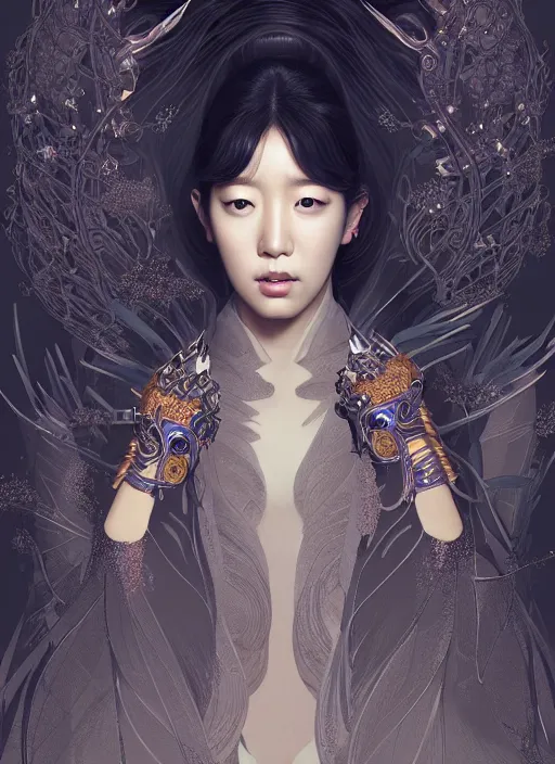 Image similar to Park Shin Hye as a super villain, luxurious, fantasy, intricate, elegant, highly detailed, digital painting, artstation, concept art, matte, sharp focus, illustration, art by WLOP and Hokusai, masterpiece, Refined, upscaled