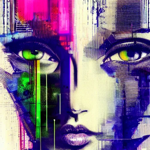 Prompt: portrait of a youthful beautiful women, mysterious, glitch effects over the eyes, fading, by Guy Denning, by Johannes Itten, by Russ Mills, centered, glitch art, symmetrical eyes, hacking effects, chromatic, cyberpunk, color blocking, oil on canvas, intricate detail, concept art, abstract