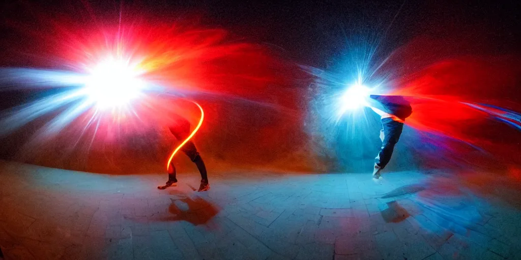 Image similar to fisheye slow motion with trail fire effect of futuristic break dancer wearing long dark cloak and golden helmet emitting red and blue fire, long exposure shot , enigmatic, at night underwater in the middle of the arctic with red light A letter, paddle of water, steam, fog, water splashes, rim lights, glossy reflections, raining, water droplets on lens, octane render, Volumetric dynamic lighting, stunning cover magazine, high details, hajime sorayama