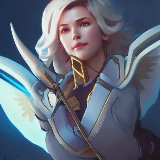 Image similar to Mercy from Overwatch , highly detailed, digital painting, artstation, concept art, sharp focus, illustration, art by greg rutkowski and alphonse mucha