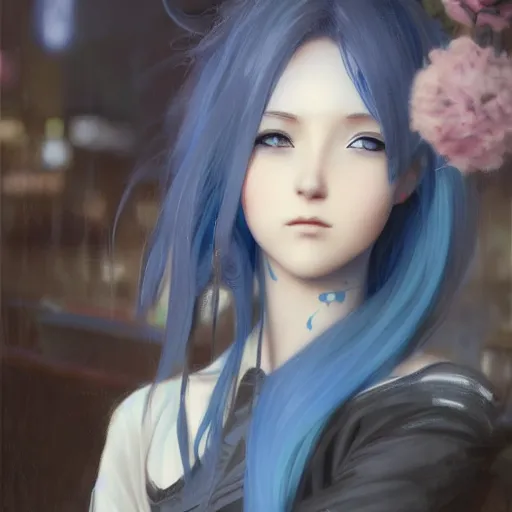 Prompt: cycle render a blue haired anime girl in a caffe in paris, official art, character art. anime style, detailed portrait, by charlie bowater, by jeremy lipking, by studio ghibli, photorealistic digital art, rainy street, octane render