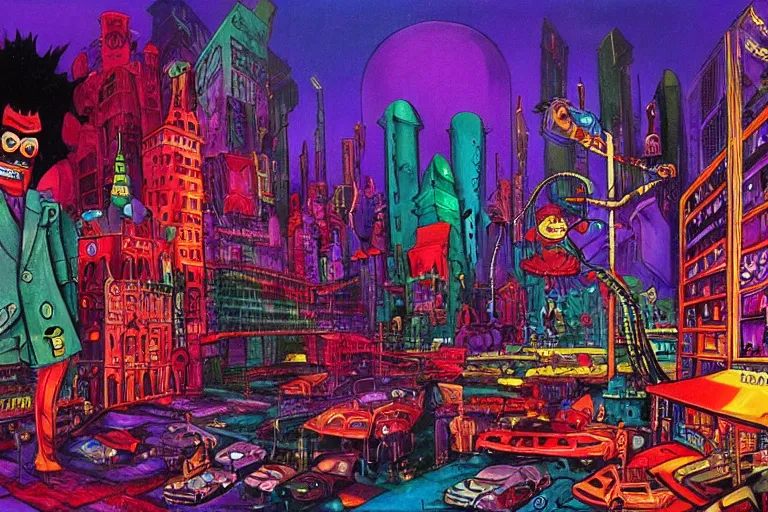 Image similar to surreal colorful nightmarish cityscape, artwork by ralph bakshi