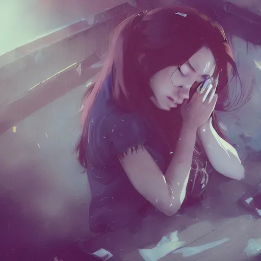 Image similar to a cute girl with long hair crying in front of a coffin, cinematic lighting, dramatic atmosphere, artwork by dustin nguyen, akihiko yoshida, greg tocchini, greg rutkowski, cliff chiang, 4 k resolution, trending on artstation