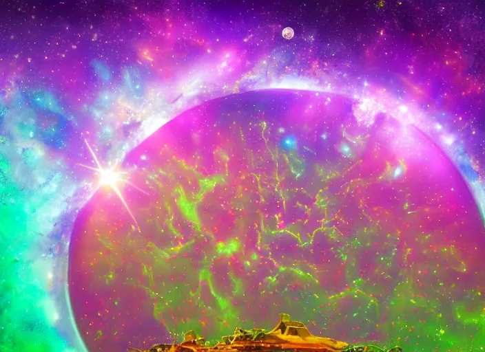 Image similar to intricate cosmic concept art matte painting of the birth of a bizarre lavender star cluster pantheon, huge black hole in the distance, stunning detail, hyperrealism, 1 6 k resolution, rendered in maya in a synthwave lisa frank palette, lovecraftian abstract cthulu cosmic formations