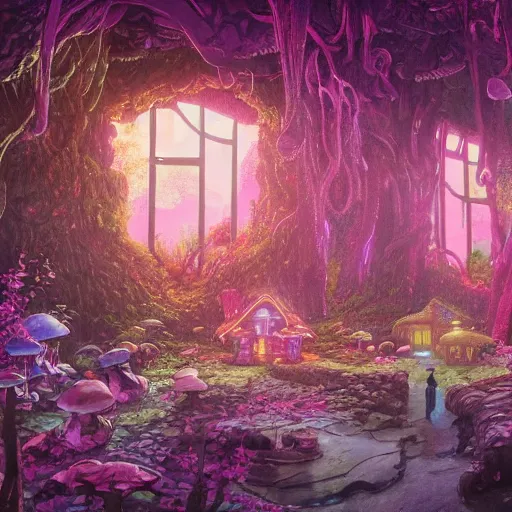 Image similar to concept art painting of a interior of a cozy alien fantasy cottage made of mushrooms and fungus, with black vines and magenta houseplants, blue and magenta light, realistic, detailed, cel shaded, dark, in the style of makoto shinkai and greg rutkowski and james gurney