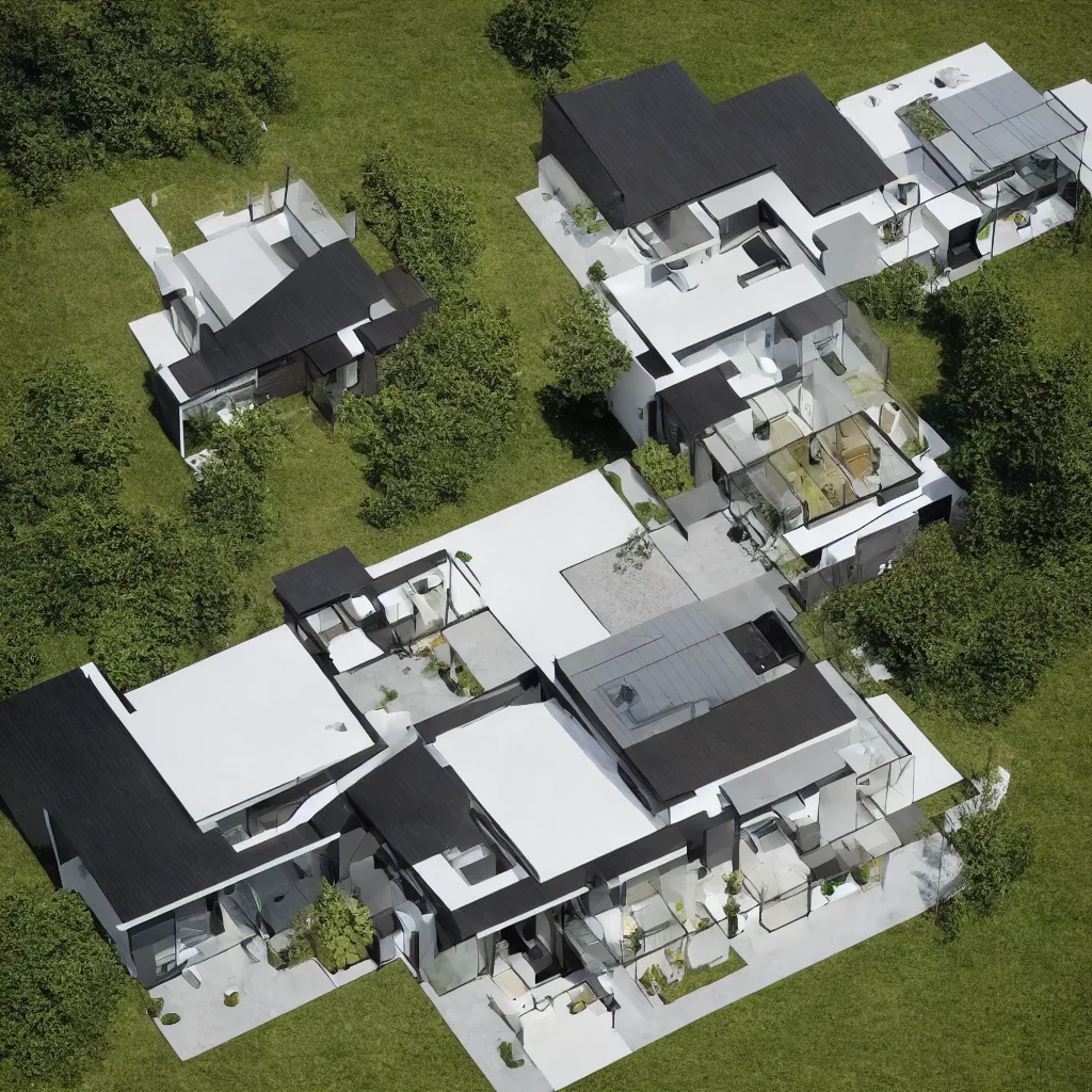 Image similar to hybrid modern home mixed with a drone, a drone home, hovering over a field