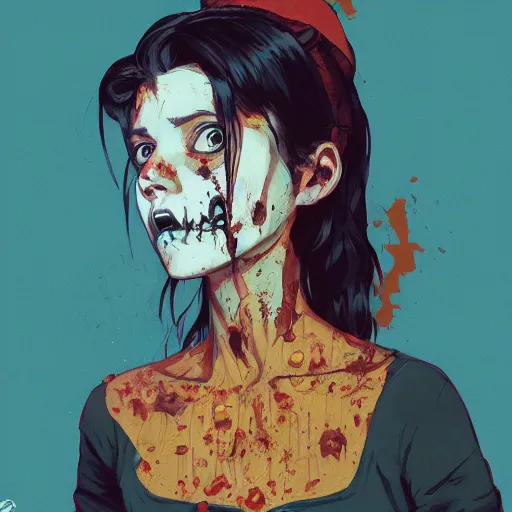 Prompt: Highly detailed portrait of a ((punk)) zombie young lady by Atey Ghailan, by Loish, by Bryan Lee O'Malley, by Cliff Chiang, mystical Yellow, brown, black and cyan color scheme ((dark blue moody background))