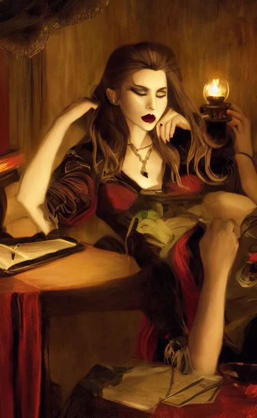 Prompt: a beautiful lady vampire falling asleep at a table, cinematic, art, epic, digital masterpiece, romantic lighting