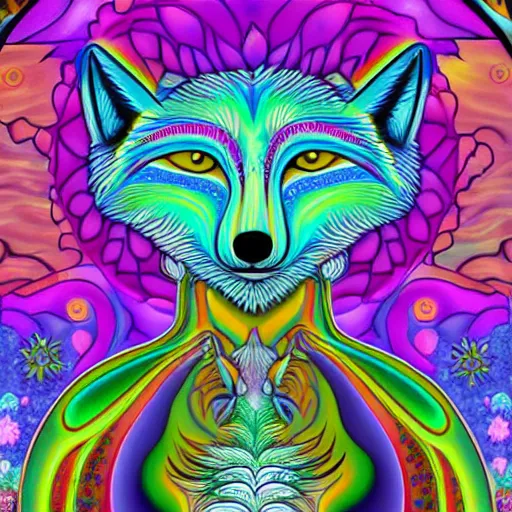 Image similar to an anthromorphic fox man meditating in a garden with a waterfall and clouds, by Lisa Frank in a psychedelic style, digital art