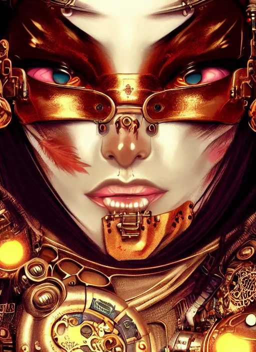 Image similar to soft lustrous ebony geisha seductive raver gutter punk steampunk cyborg, yakuza, golden ratio, details, scifi, fantasy, cyberpunk city, intricate, decadent, highly detailed, octane render, digital painting, artstation, concept art, sharp focus, illustration, art by artgerm, loish, wlop