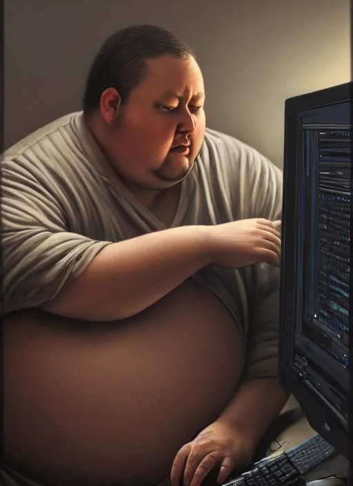 Image similar to insanely detailed chiaroscuro image of a exhausted - looking slightly fat casually - dressed programmer guy on his knees facing his glowing ultrawide computer monitor monitor begging it for forgiveness, oil on canvas, masterwork, fine detail, trending on artstation, emotive, insanely compelling, greg rutkowsky, moebius