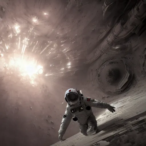 Image similar to concept art by craig mullins astronaut in futuristic dark and empty spaceship underwater. infrared complex and hyperdetailed technical suit. mandelbulb fractal. reflection and dispersion materials. rays and dispersion of light. volumetric light. 5 0 mm, f / 3 2. noise film photo. flash photography. unreal engine 4, octane render. interstellar movie art