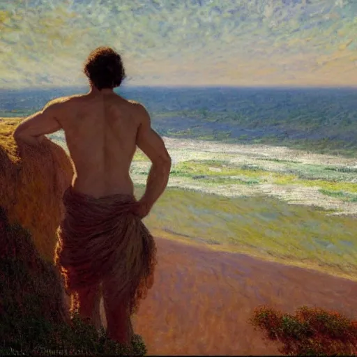 Image similar to an attractive male standing on a cliff, clothed!!!!, looking out at the ocean, by gaston bussiere, craig mullins, j. c. leyendecker, claude monet