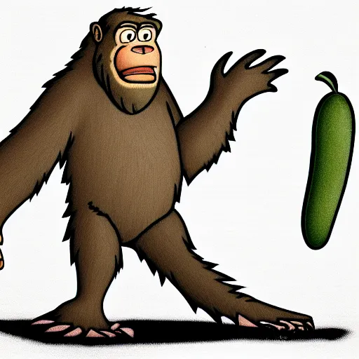 Prompt: bigfoot holding a large pickle. in the animation style of loony too s