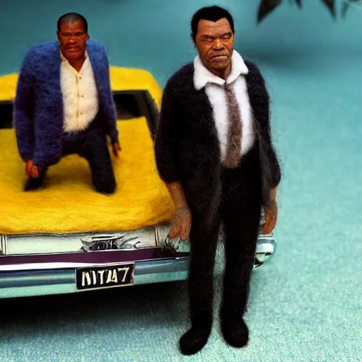 Image similar to needle felted scene featuring john travolta and samuel l jackson in pulp fiction, highly detailed, tilt shift, atmospheric, hyperrealism, highly textured, god rays, action