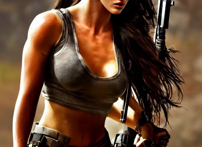 Image similar to megan fox as lara croft, full body view, magic and fantasy, highly detailed face, specular reflection, occlusion shadow, trending on artsation, bokeh, masterpiece