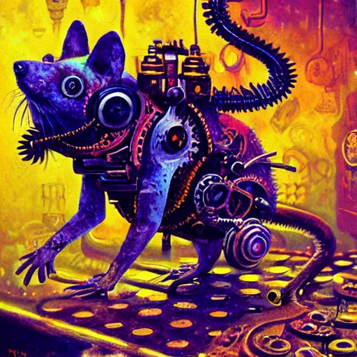 Image similar to steampunk rat, acid, 303, psychedelic, by paul lehr