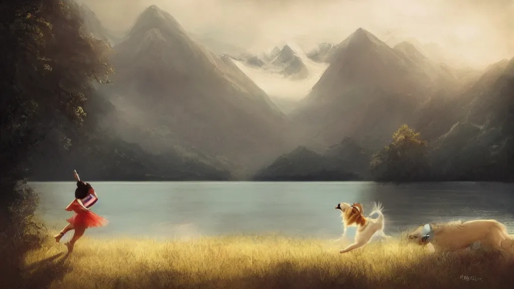 Prompt: “ a asian ballet girl dances with a white golden retriever, besides a small wooden red cottage by the lake, mountains in the background, soft lighting, sunny day, by charlie bowater, by greg rutkowski ”