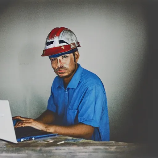 Prompt: a polaroid photo of man using a laptop inside in warehouse, he sitting on chair and small table, he's wearing blue cloth and construction hat, photo from behind, highly details, perfect face shape, cinematic lighting,