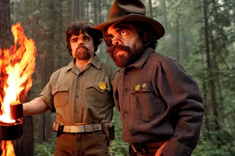 Image similar to peter dinklage holding a flare fighting smokey the bear, movie still, from the new sleepaway camp movie, 8 k, realistic