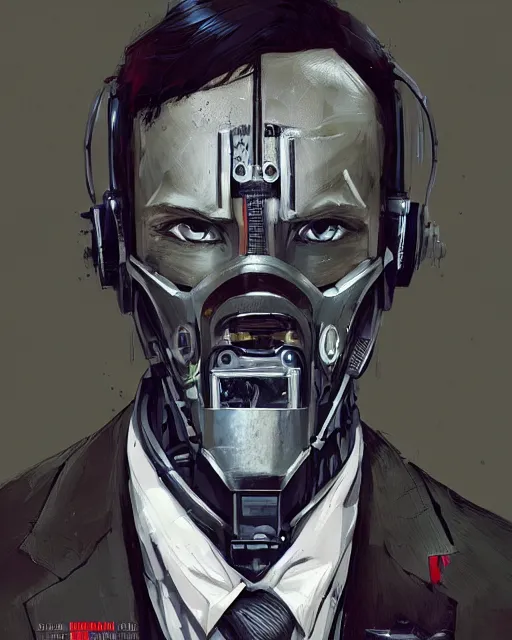 Image similar to a rugged young engineer man with cybernetic enhancements wearing a suit and bowtie, detailed face with mask, scifi character portrait by greg rutkowski, esuthio, craig mullins, 1 / 4 headshot, cinematic lighting, dystopian scifi gear, gloomy, profile picture, mechanical, half robot, implants, steampunk