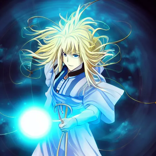 Image similar to a beautiful manga character wizard with free flowing hair holding a staff that has a glowing blue orb at the head of it emanating brilliant blue light, high detail, high resolution